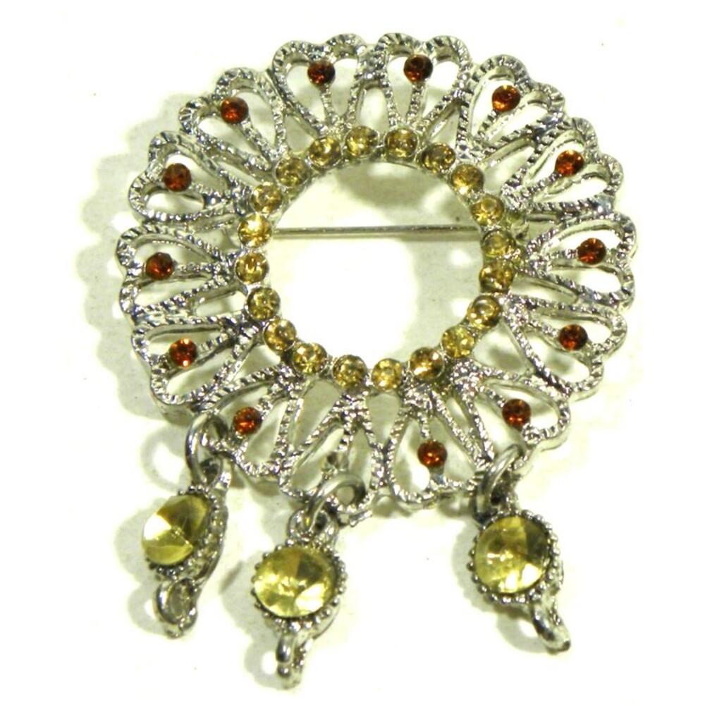 Vintage Rhinestone Heart Brooch Pin Filigree Round Dangle Charm Amber